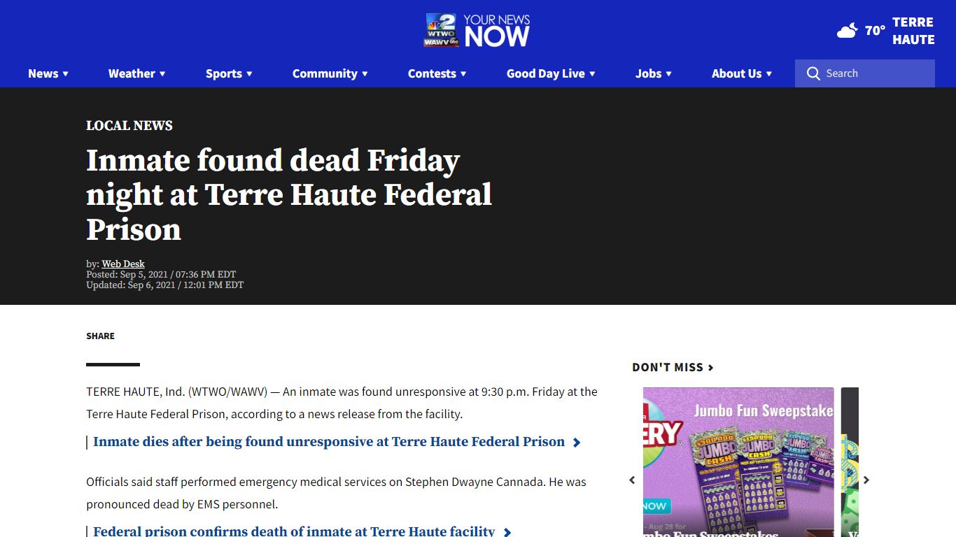 Inmate found dead Friday night at Terre Haute Federal Prison